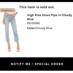 NWT RE/DONE High Rise Stove Pipe in Cloudy Blue